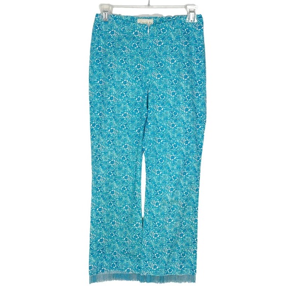 Cache Vintage Woman’s Blue Floral Zip Front Beaded Fringe CapriPants Sz 4 - Picture 1 of 7